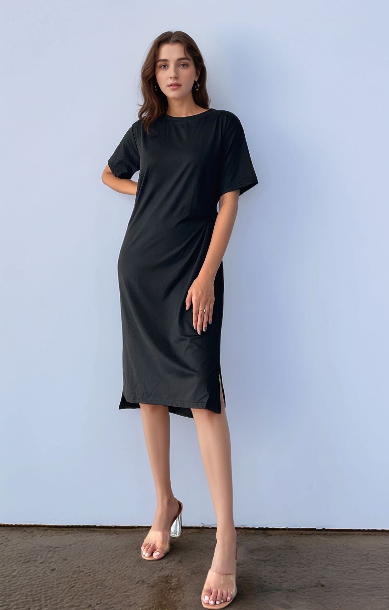 Black Front Knotting Midi Dress