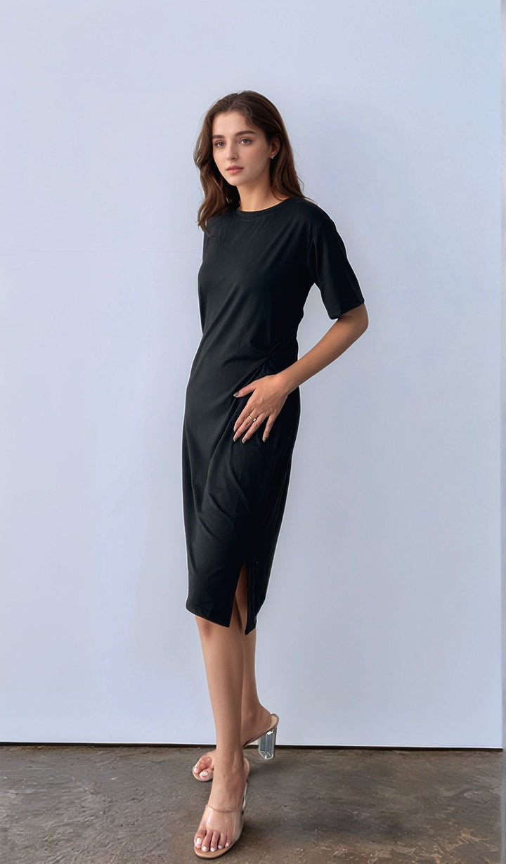 Black Front Knotting Midi Dress