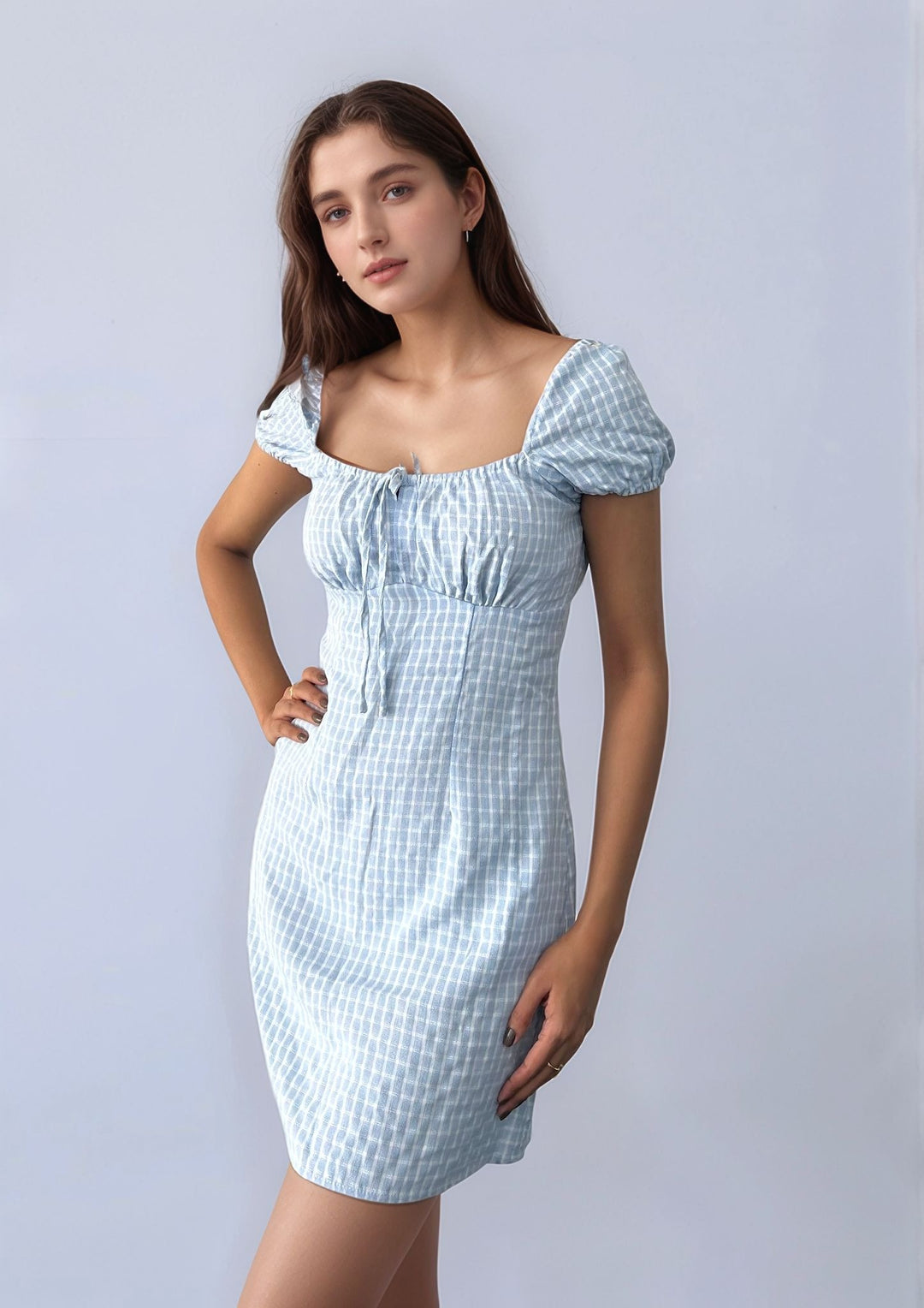 Blue Bust Gathered Cap Sleeve Mini Dress