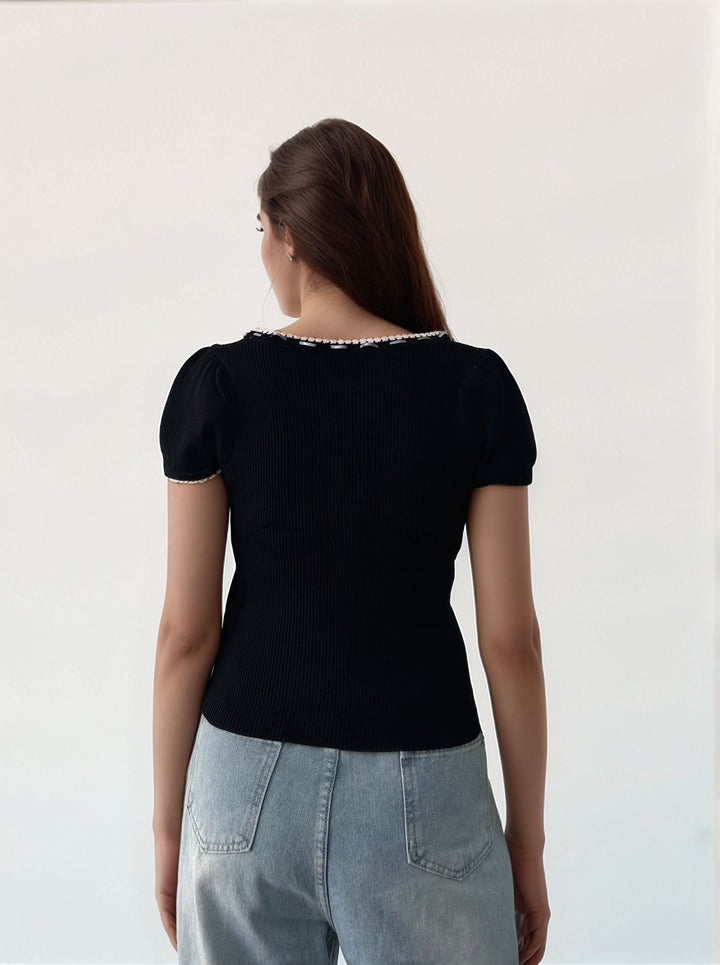 Black Bow With Contrast Piping Top