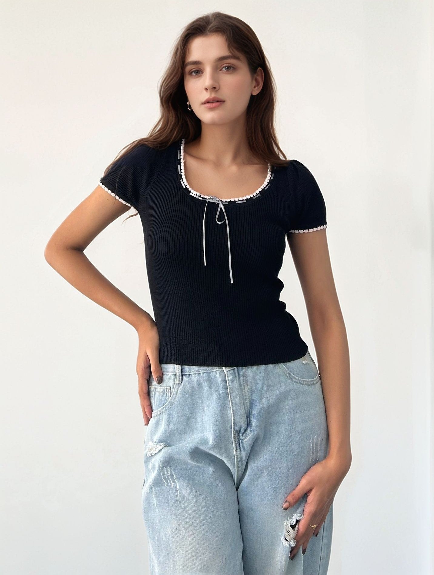 Black Bow With Contrast Piping Top