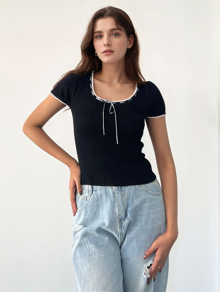Black Bow With Contrast Piping Top
