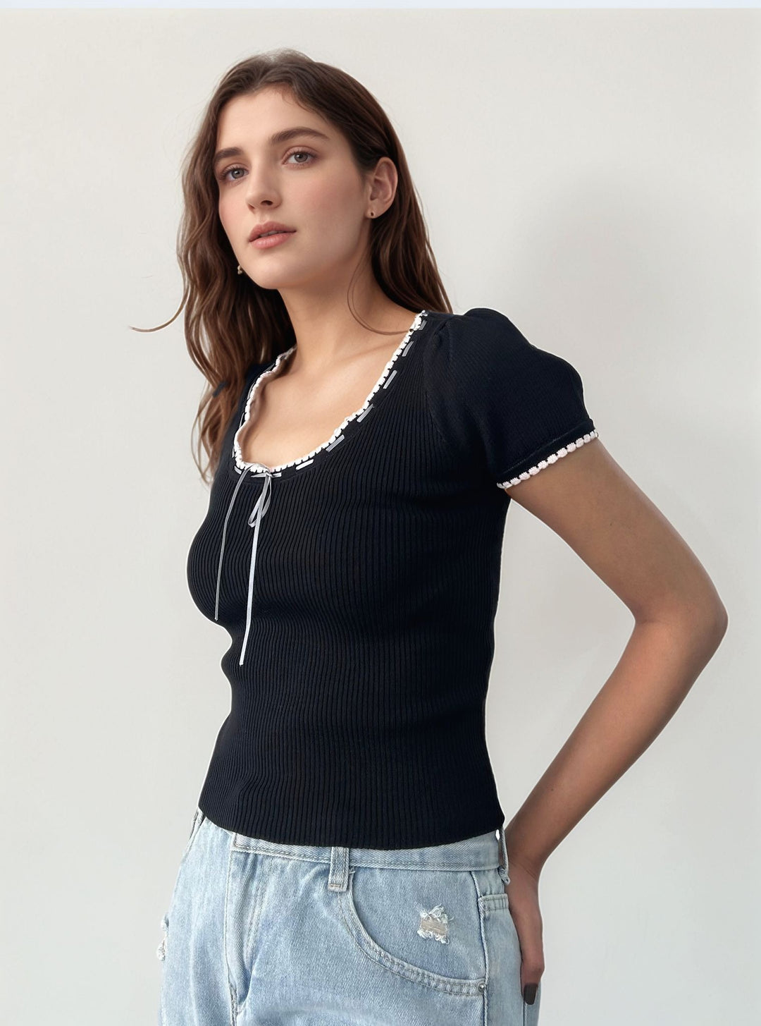 Black Bow With Contrast Piping Top