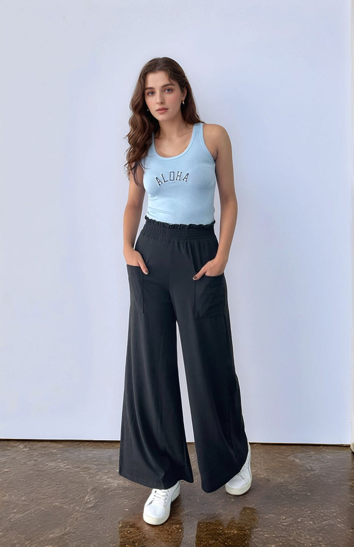 Black Ealsticated Waist Band Wide Leg Pants