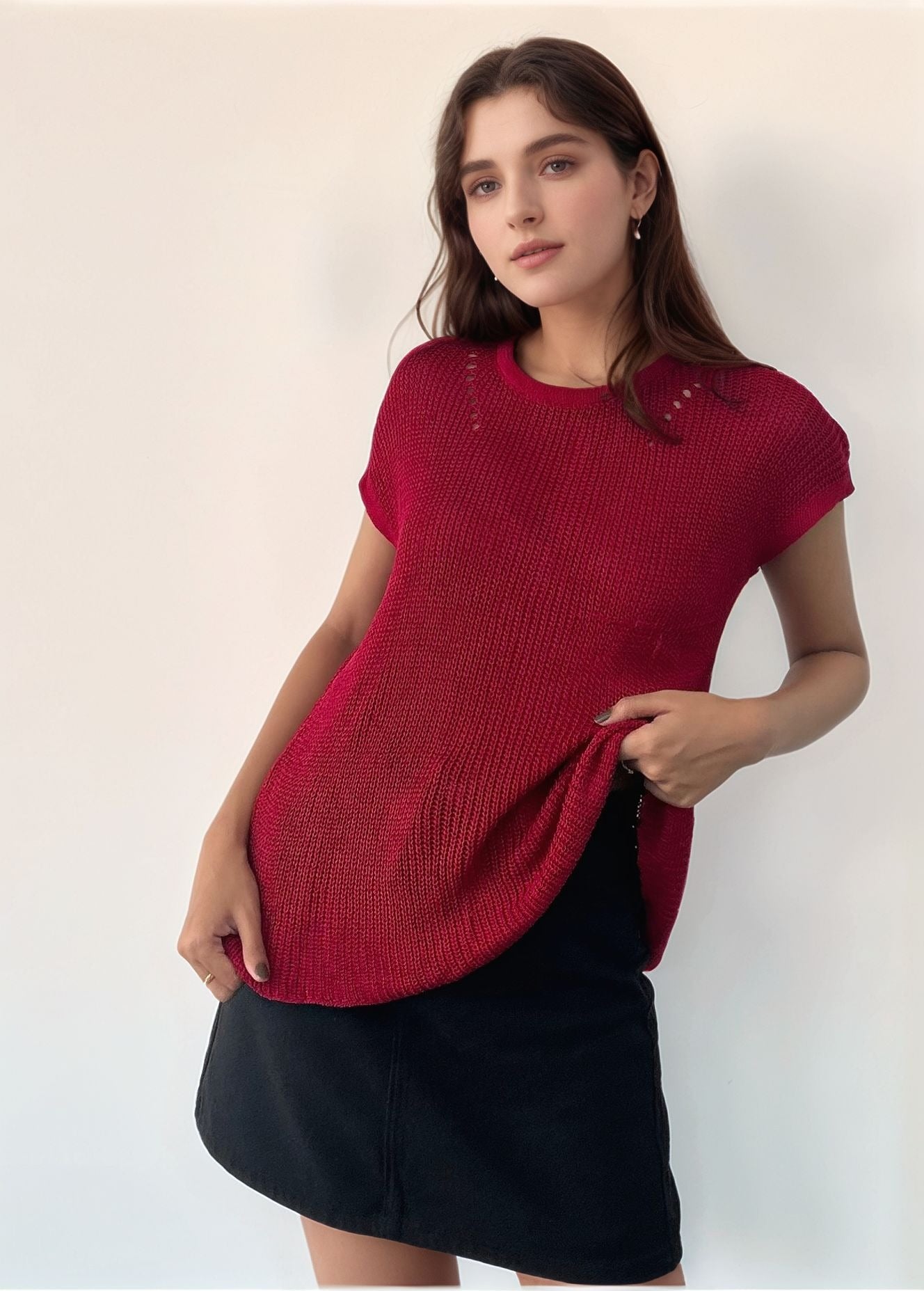 Wine Back Button Through Top