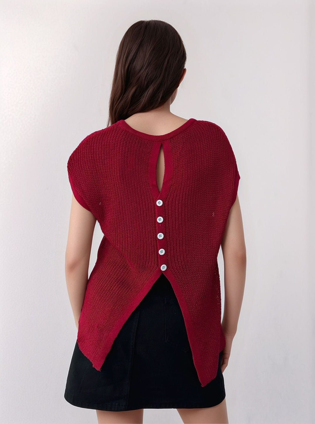 Wine Back Button Through Top