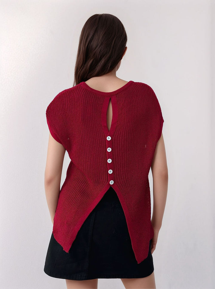 Wine Back Button Through Top