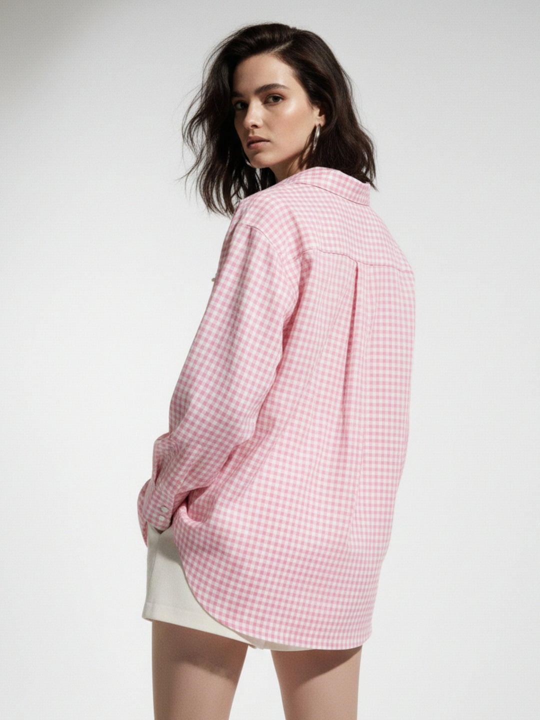 Pink Oversized Check Shirt With Placement Embellishment Detail