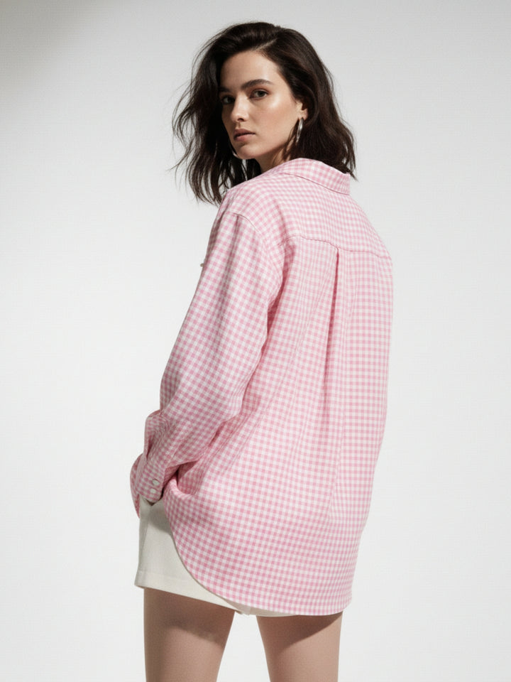 Pink Oversized Check Shirt With Placement Embellishment Detail