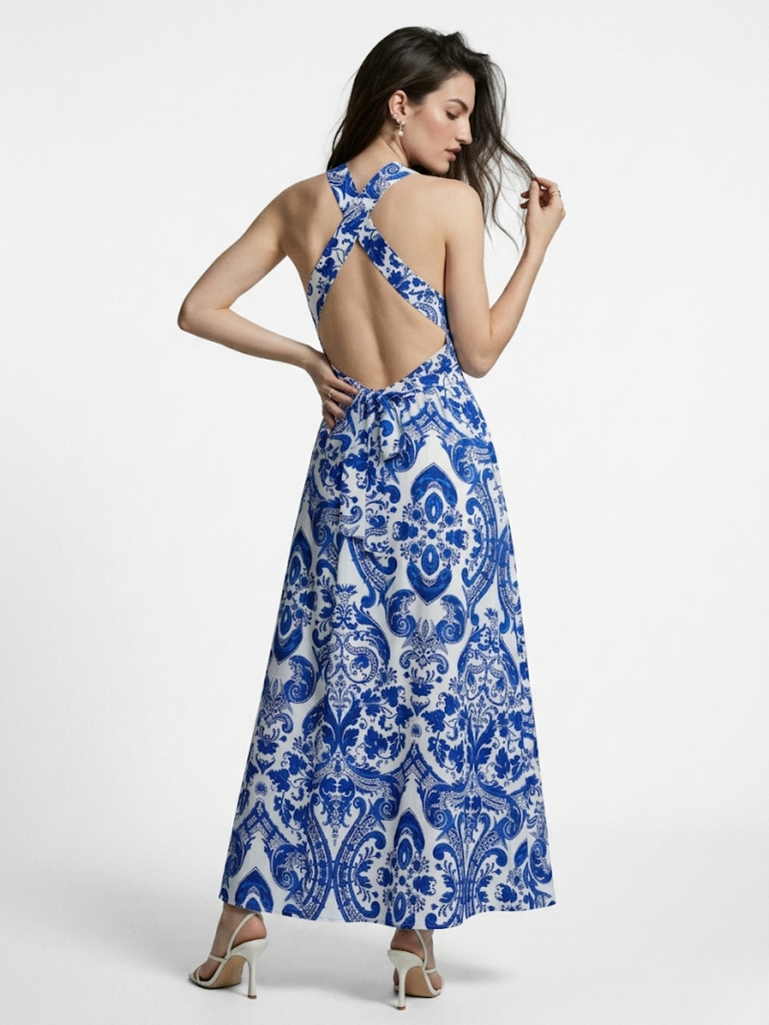 Blue Halter Neck Printed Dress