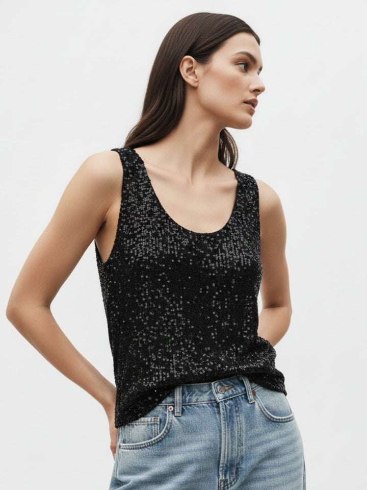 Black Shoulder Strap Sequined Top
