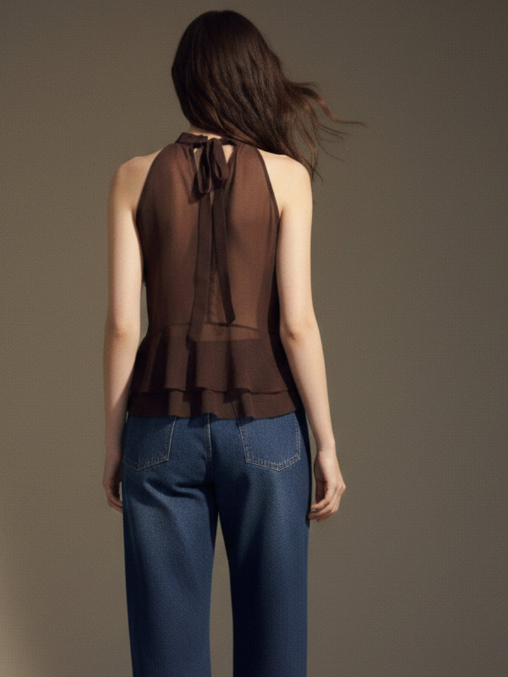Brown Halter Neck Ruffled Top