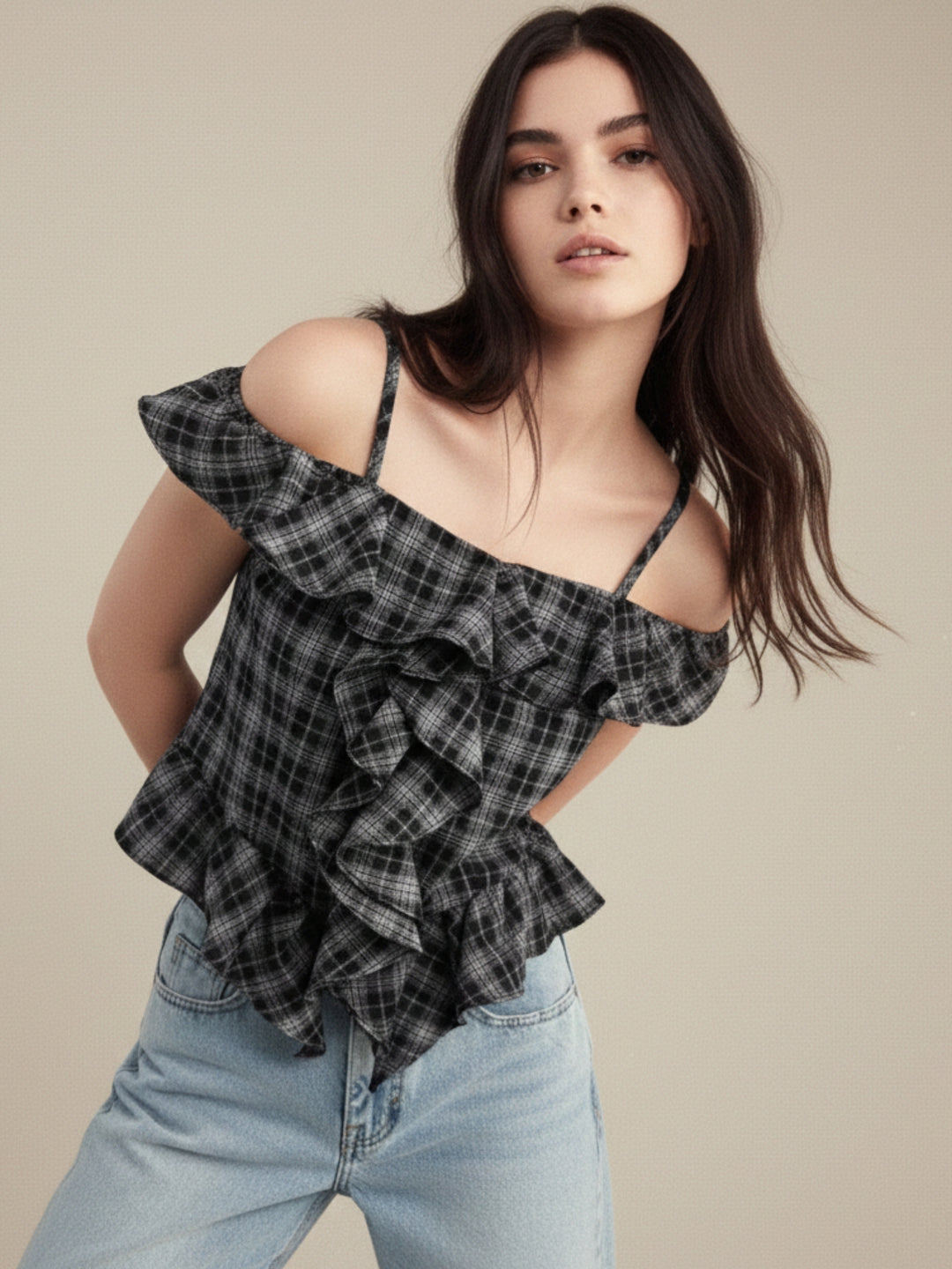 Black Off Shoulder Checkered Ruffle Detail Top