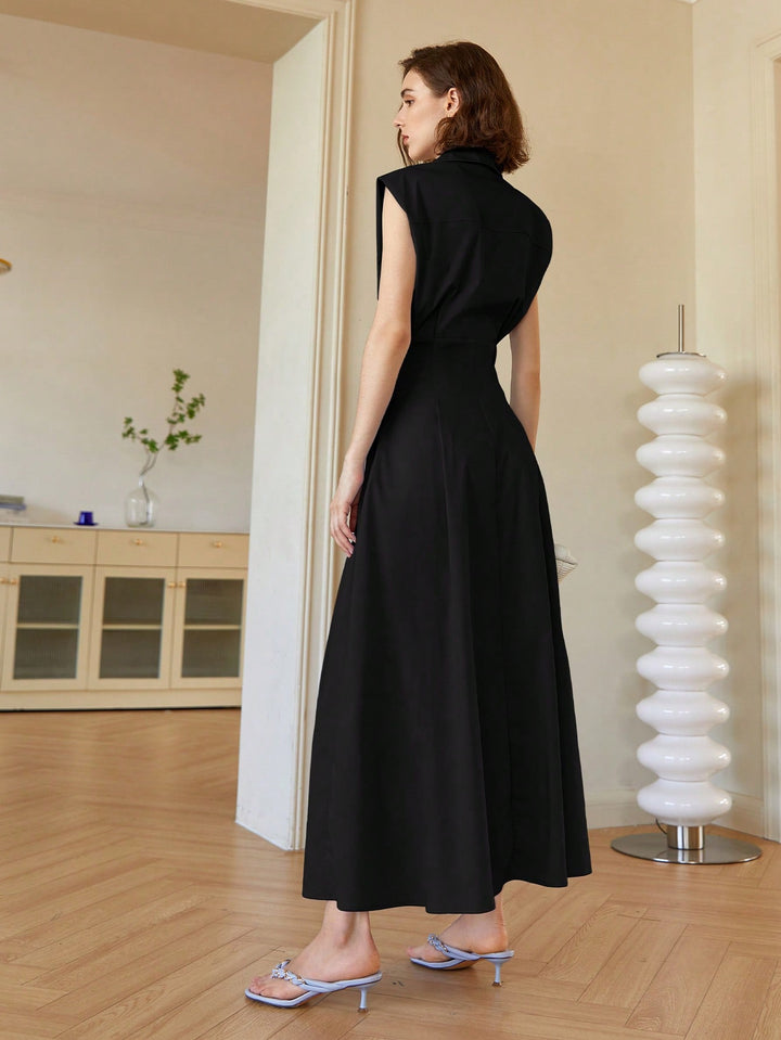 Black Front Button Shirt Style Sleeveless Dress