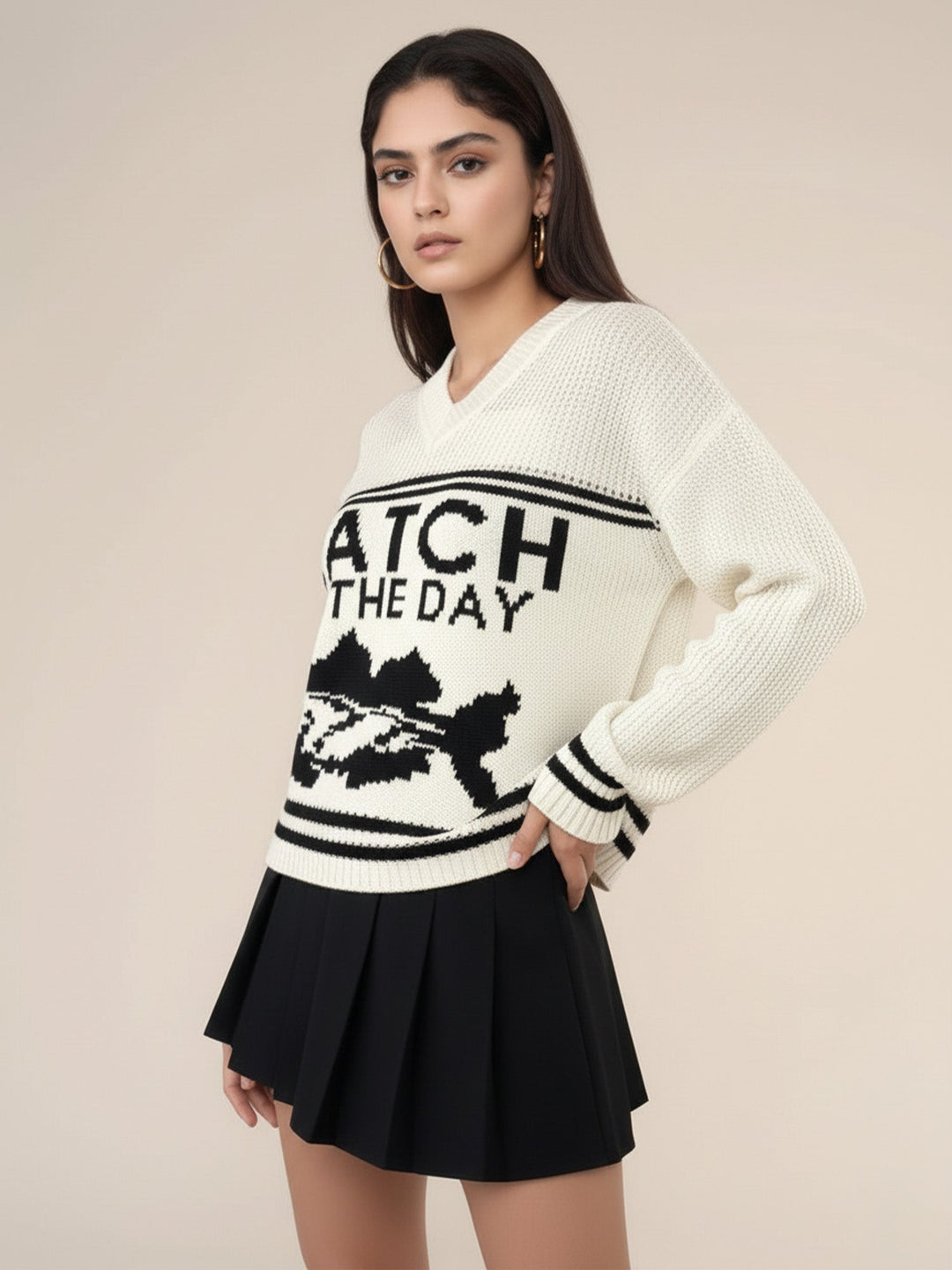 Off White V Neck Graphic Sweater