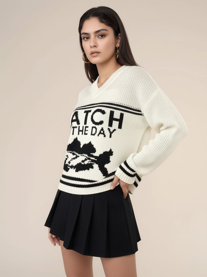 Off White V Neck Graphic Sweater