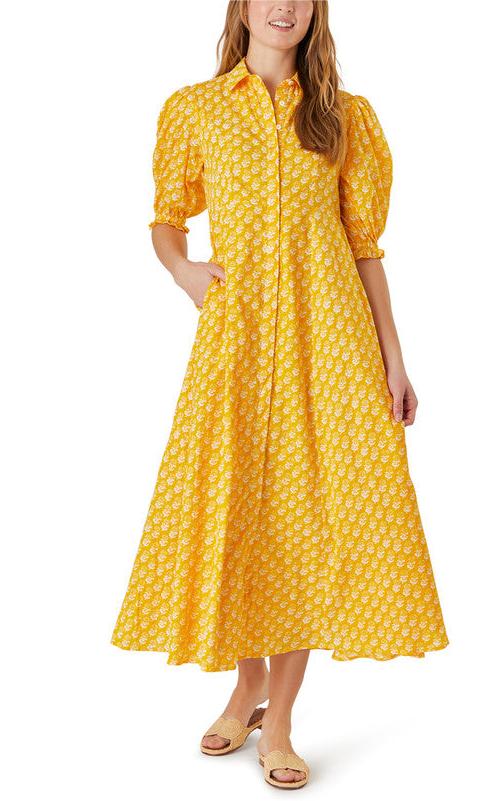 Yellow Fit And Flare Half Sleeves Schiffli Midi Dress