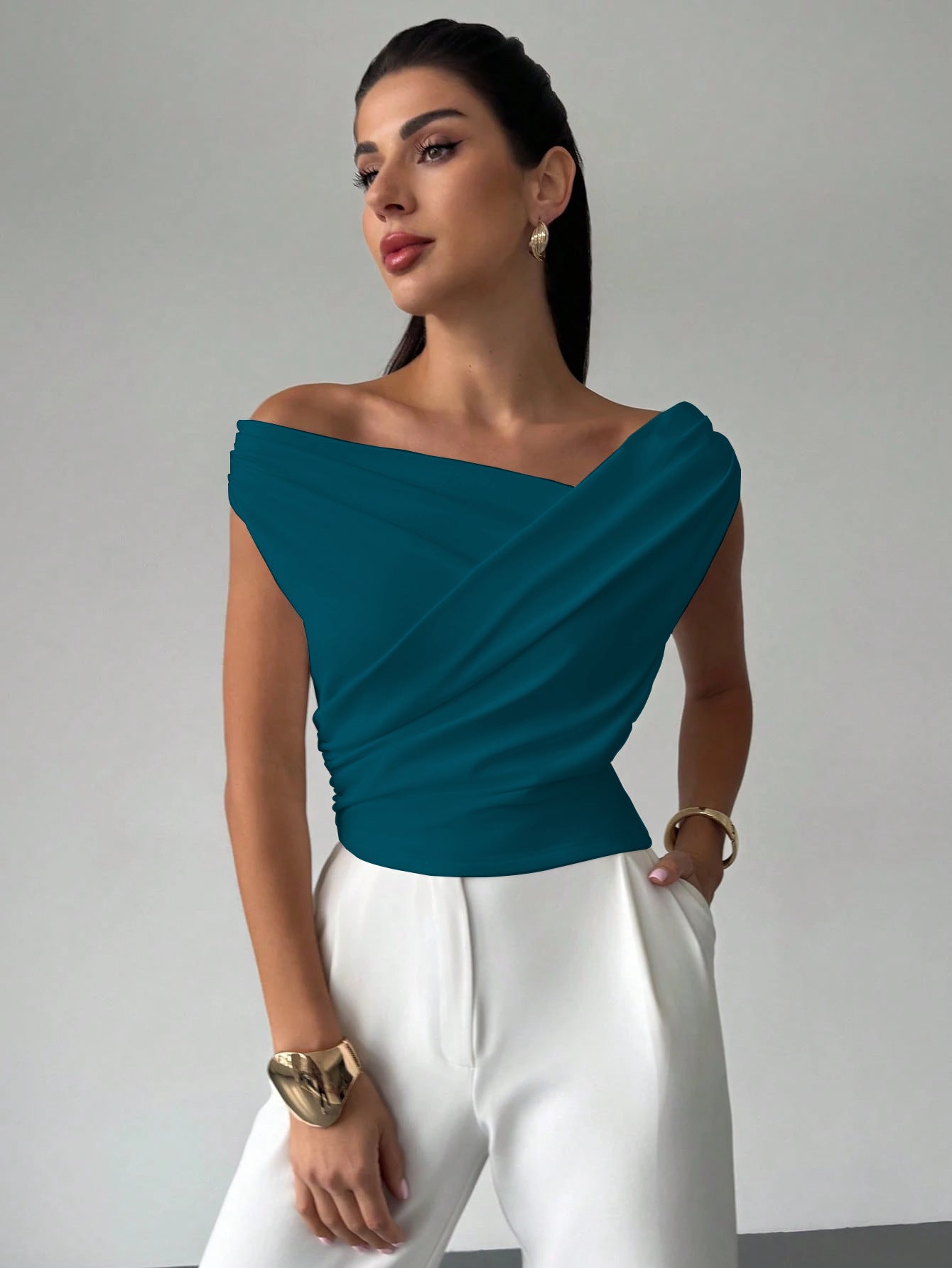 Teal One Shoulder Wrap Top