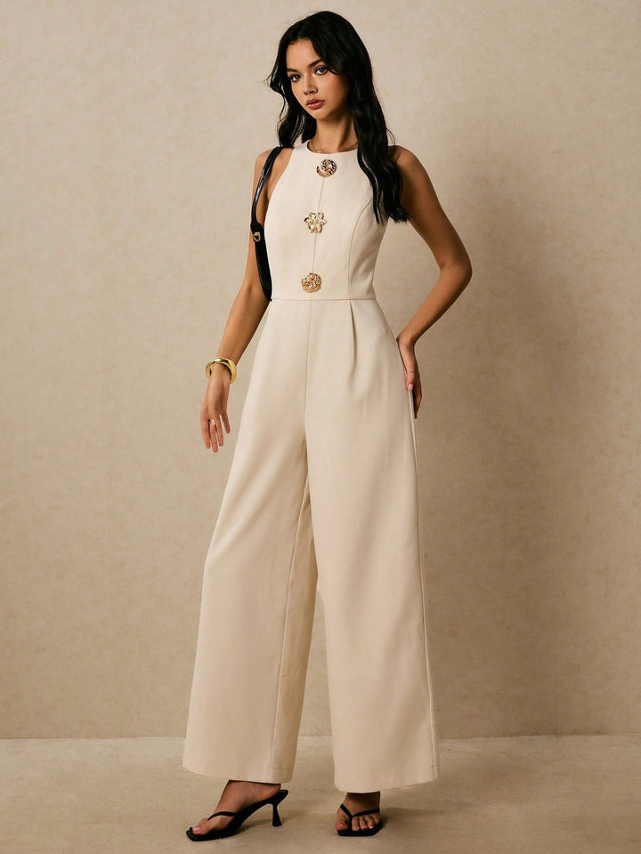 Cream Sleeveless Metal Buttoned Jumpsuits