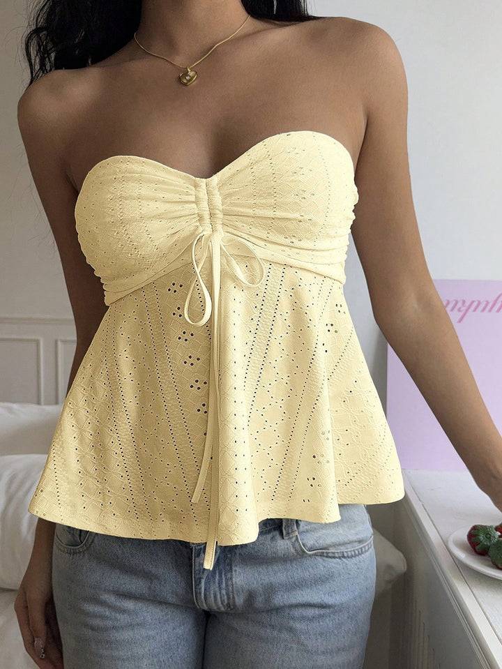 Yellow Strapless Textured Knit Front Ruched Top