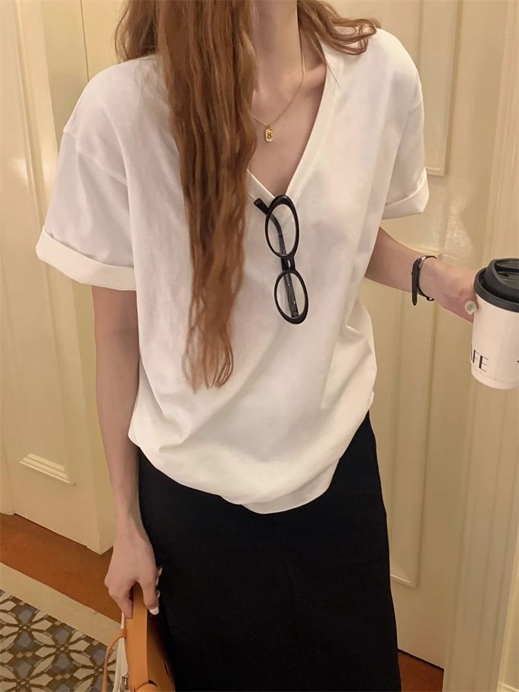 Off White V Neck Oversize Tshirt