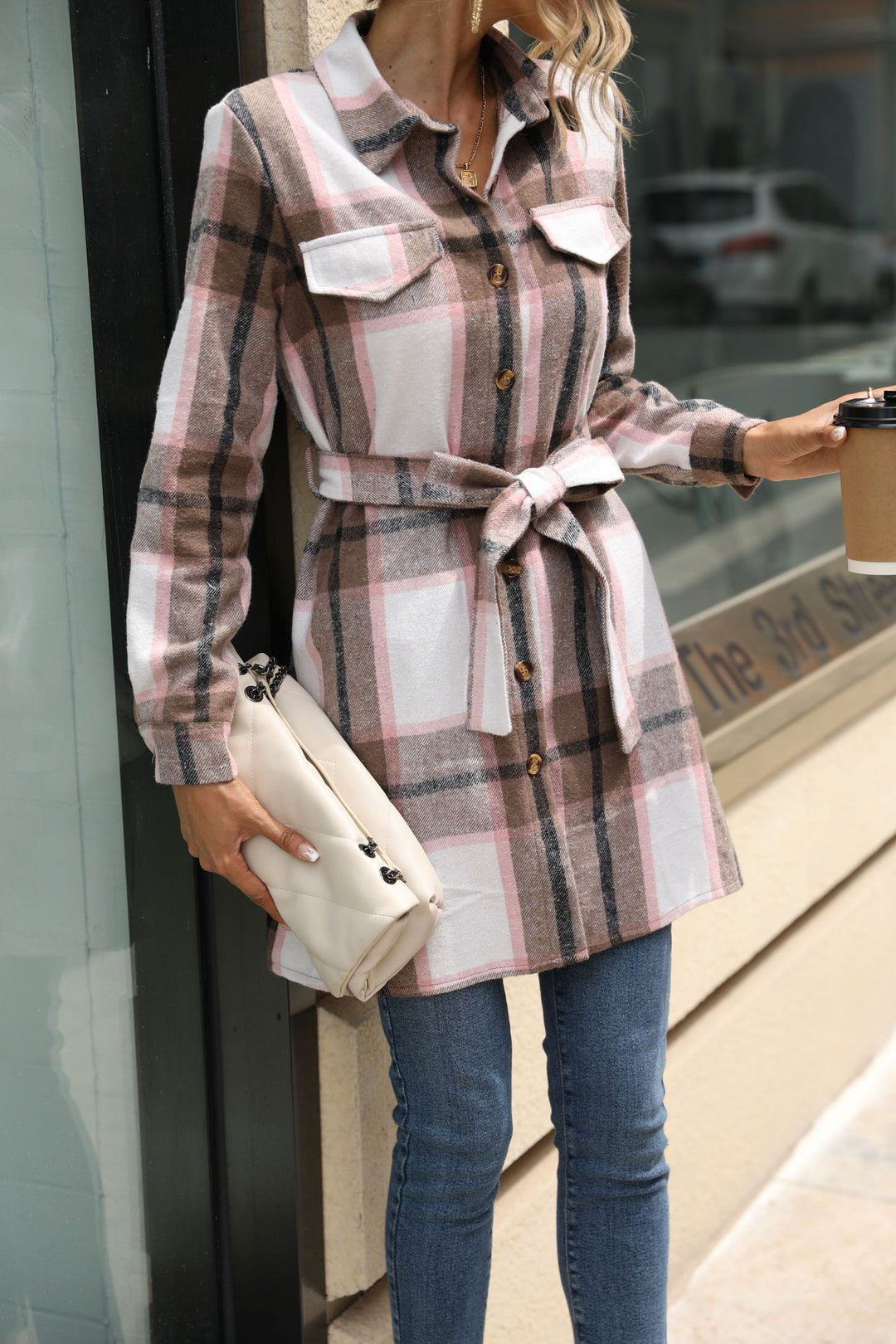 Pink Flannel Shirt Dress With Tie Up