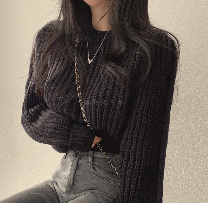 Black Puff Sleeve High Neck Plain Chunky Sweater