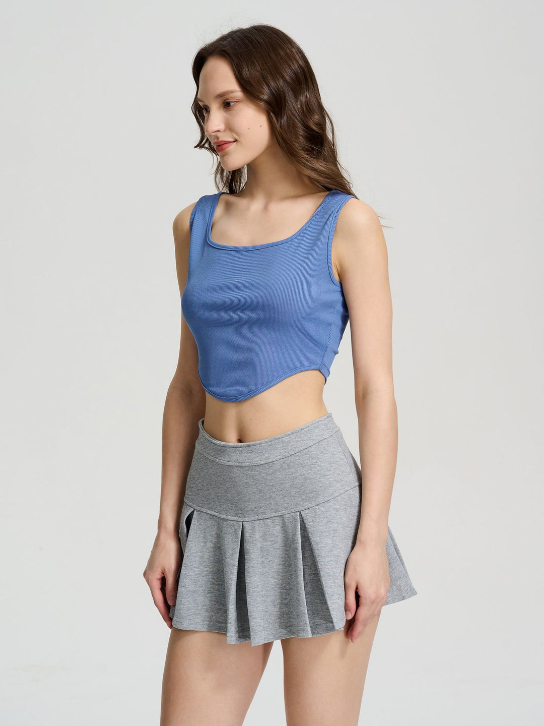 Blue Curved Hem Cropped Top