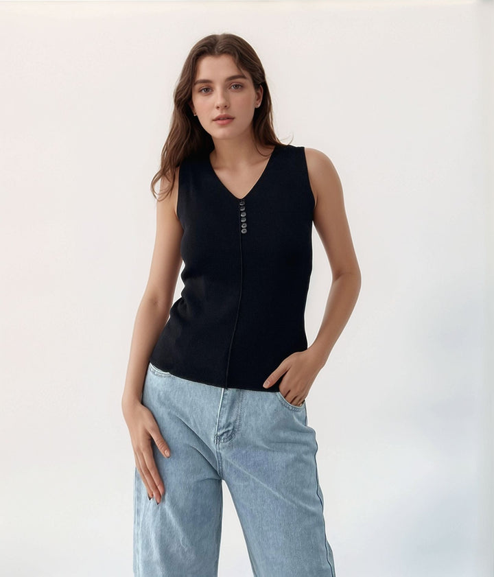 Black Tank Top with Embroidery Detailing
