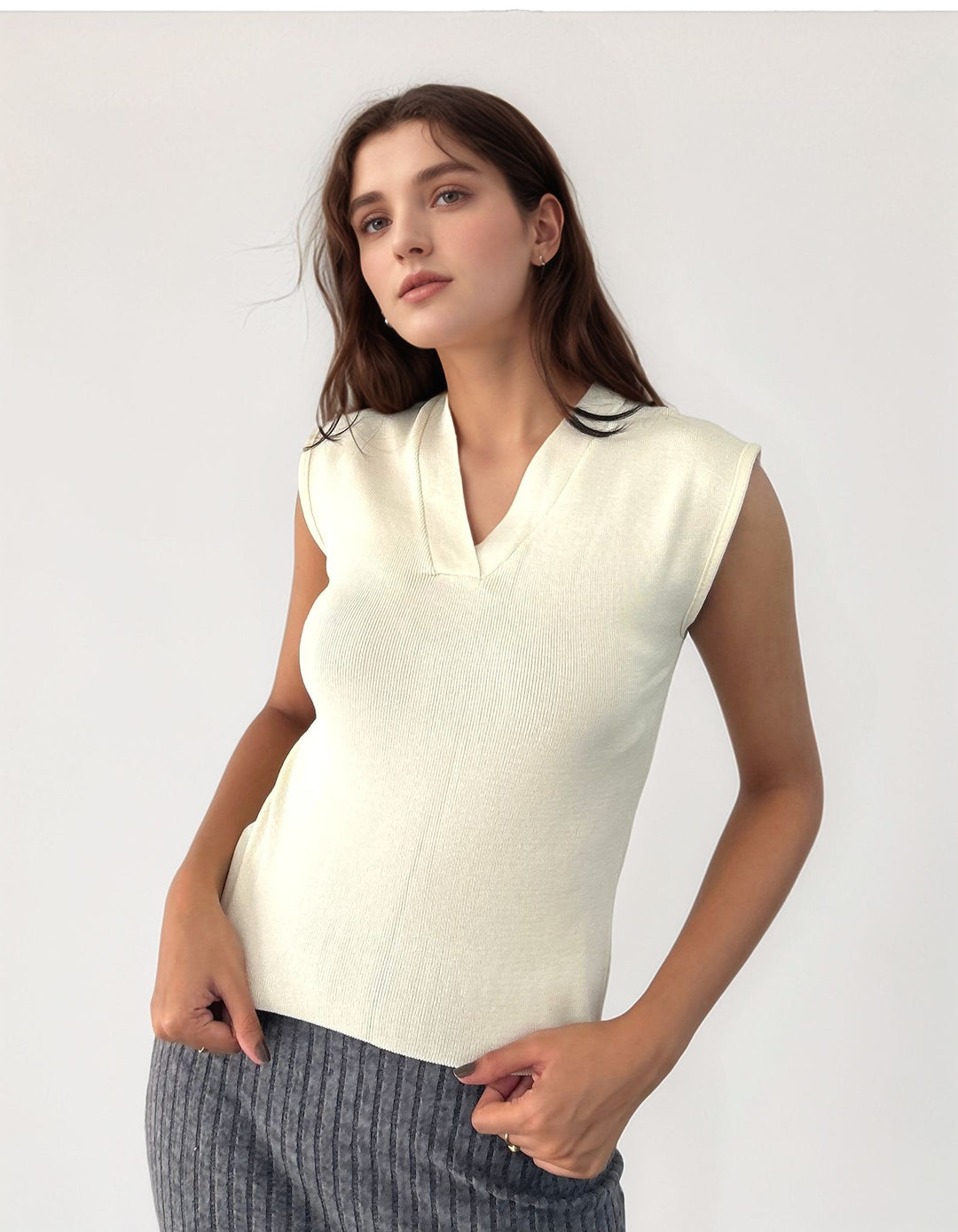 Off White V Neck Cap Sleeve Top