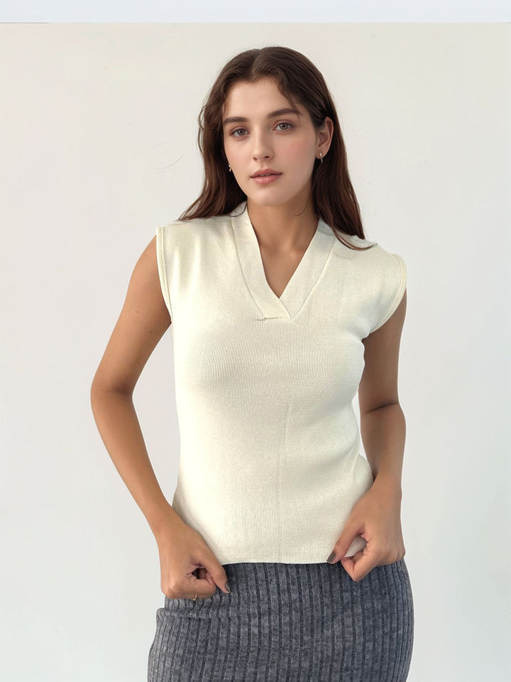 Off White V Neck Cap Sleeve Top