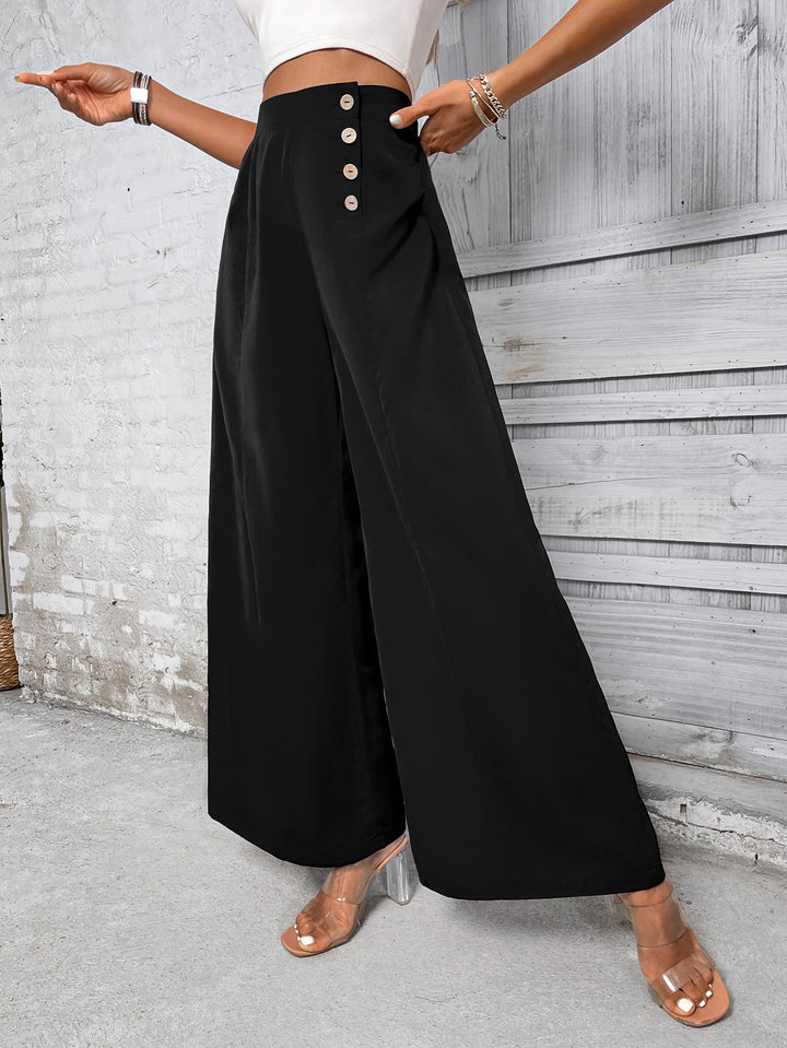 Black Wide Leg Trouser With Button Detailing At Waist
