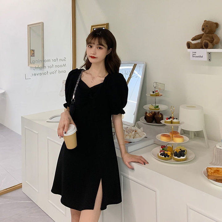 Black V Neck Puff Sleeve Slit Midi Dress