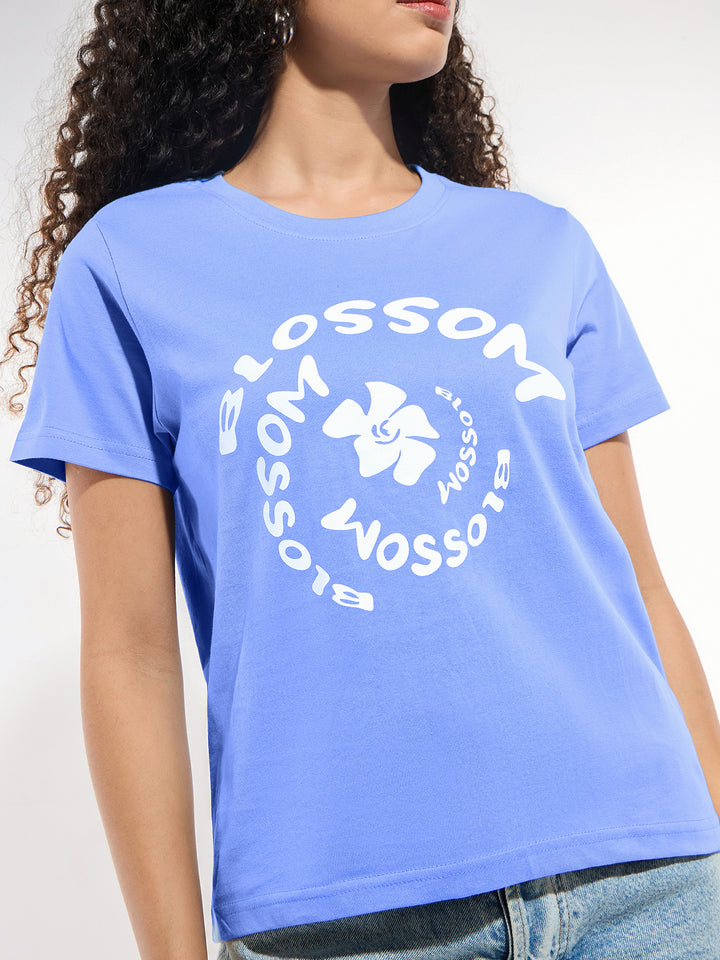 Blue Crew Neck Graphic Tshirt