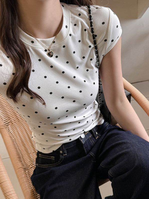 White Polka Dot Crew Neck T-Shirt