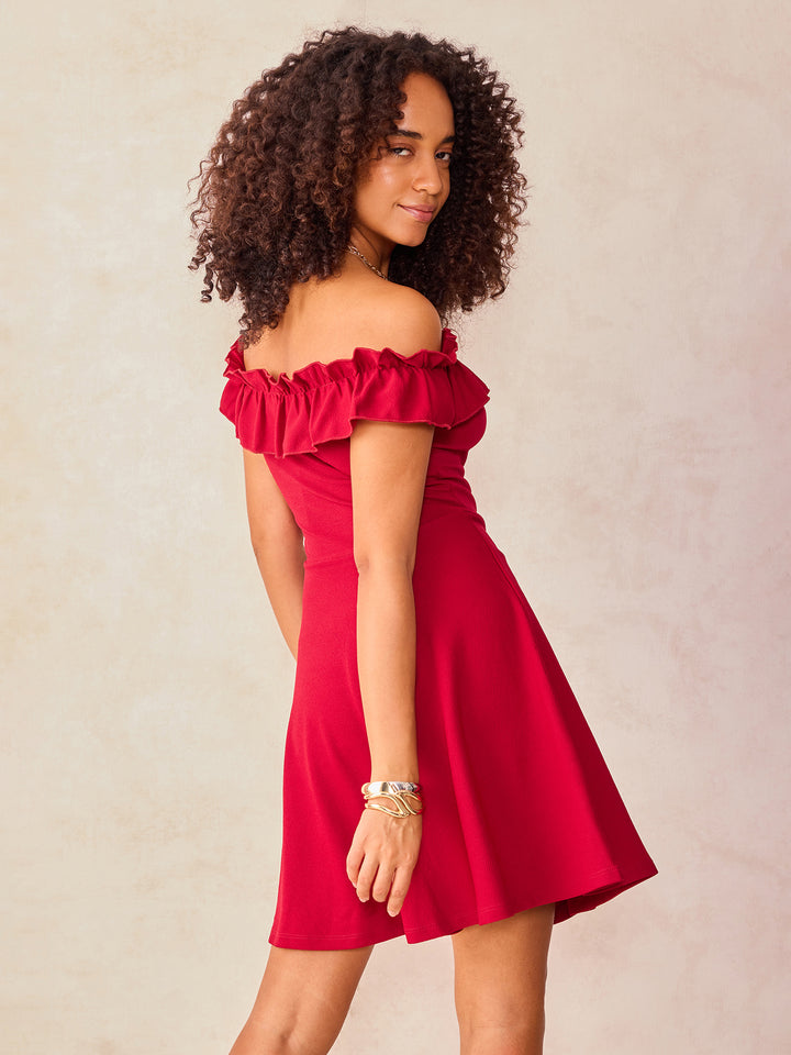 Wine Off-Shoulder Frilled Skater Dress