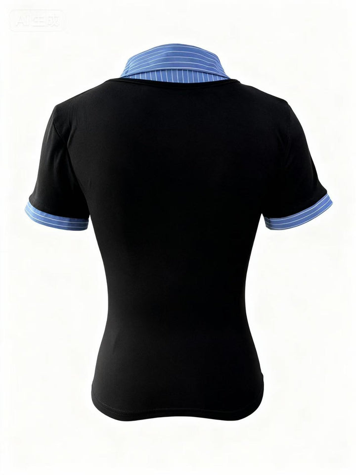 Blue Short Sleeve Contrast Collar Fitted Top