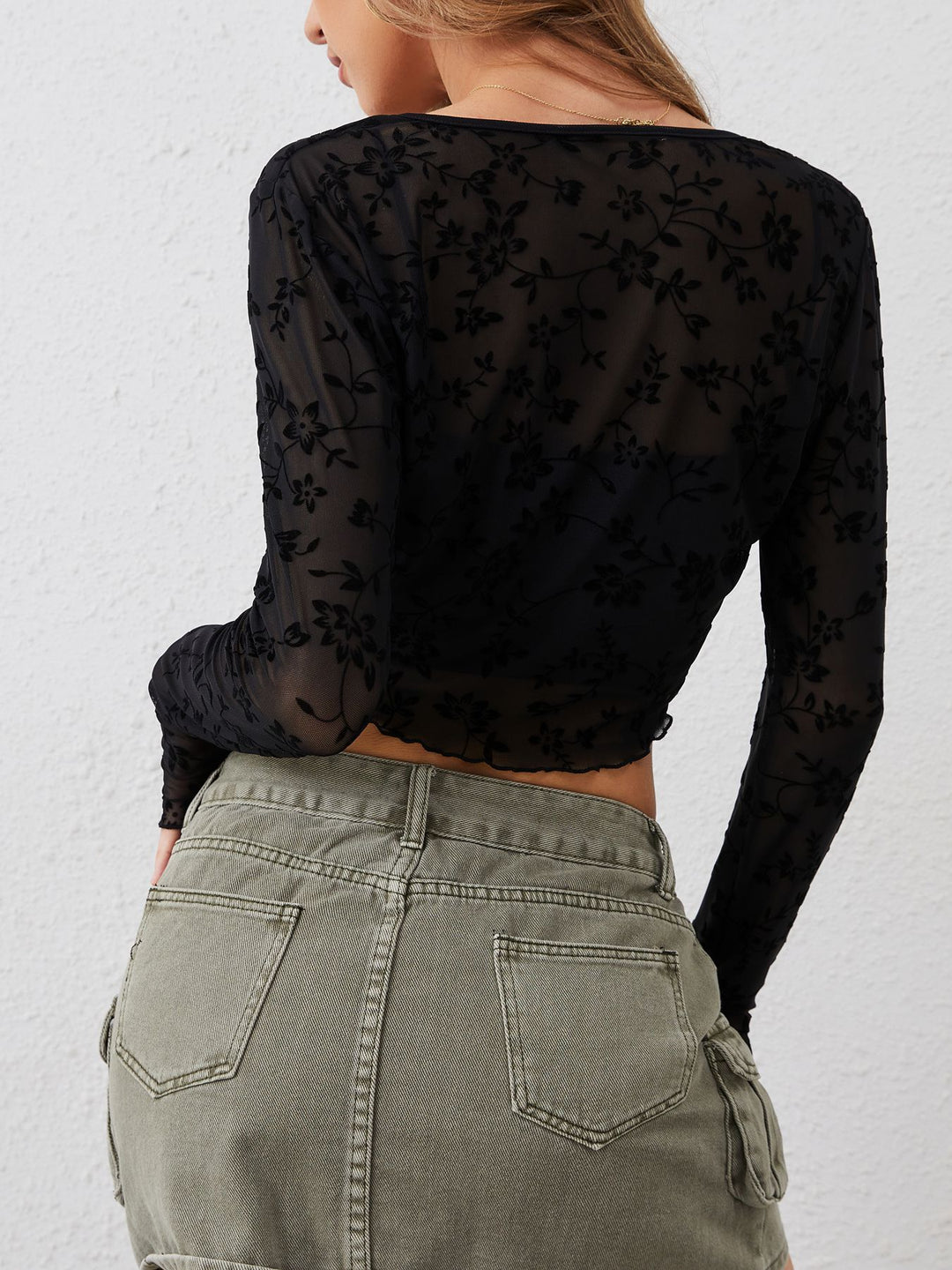 Black Printed Full Sleeve Tie-Up Top