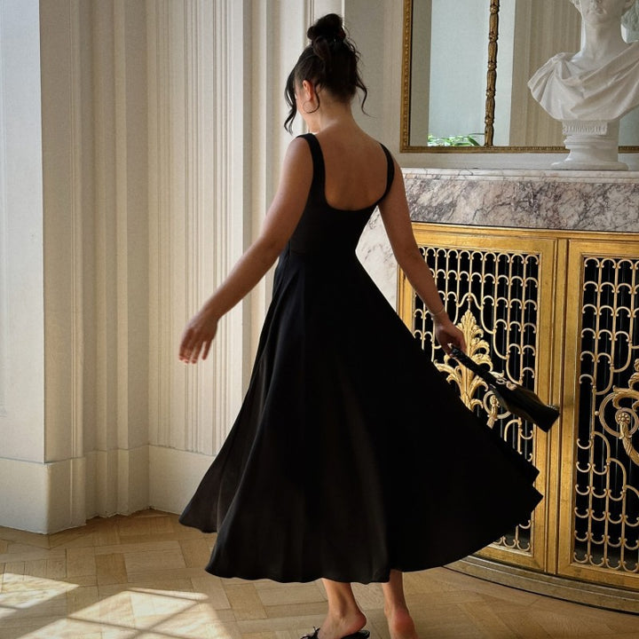 Black Square Neck Flared Dress