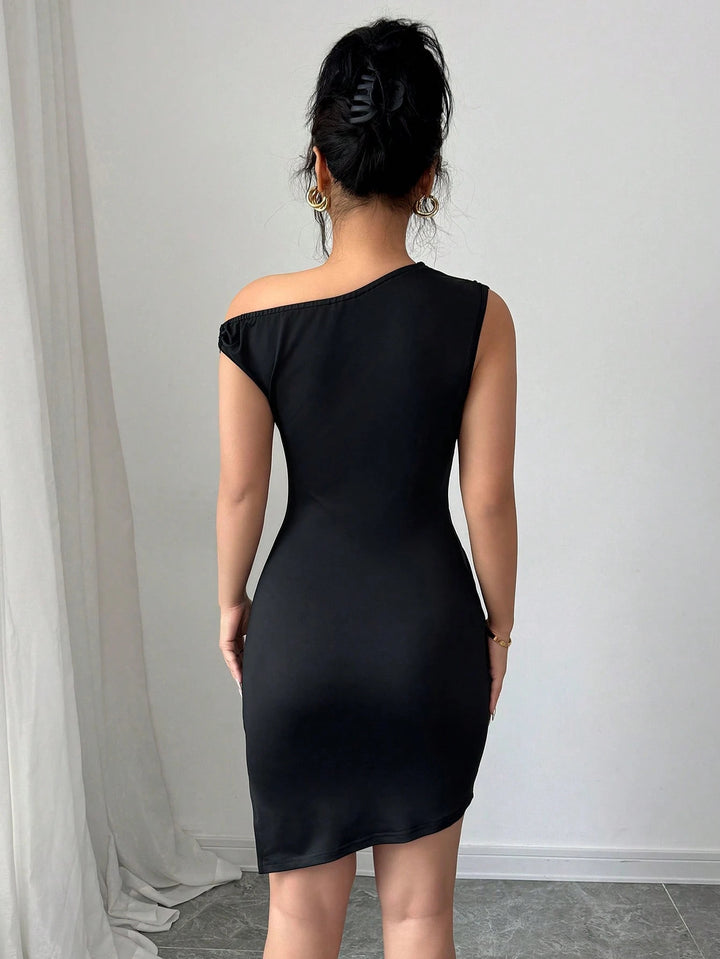 Black One Shoulder Drop Asymmetrical Dress