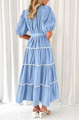 Blue Button Down Puff Sleeved Shirt Dress