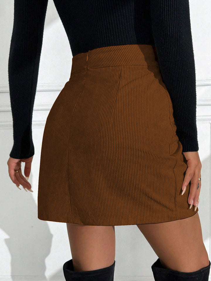 Brown Textured Knit Side Slit Skirt