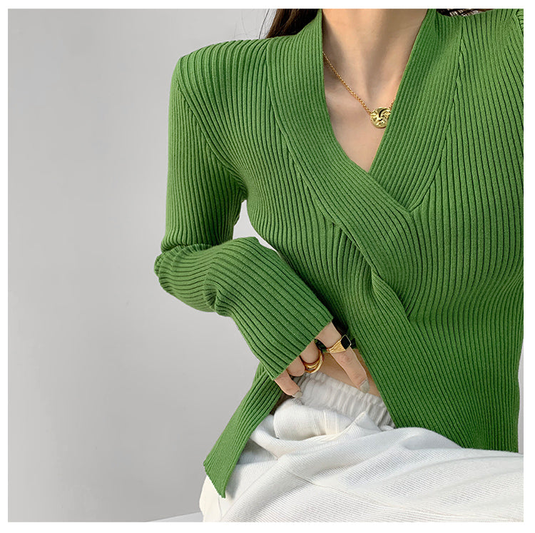 Green Full Sleeve V Neck Wrap Pullover Top