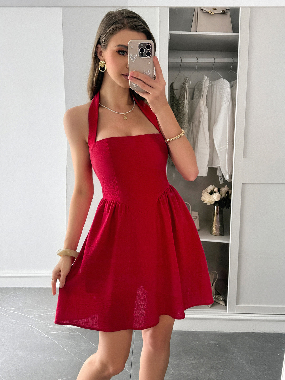 Red Halter Neck Skater Dress