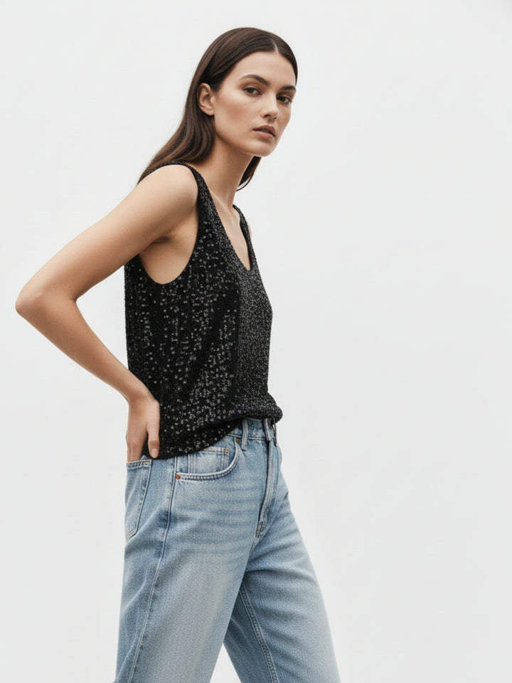 Black Shoulder Strap Sequined Top