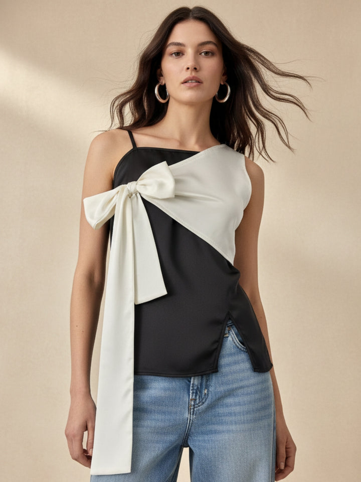 Black Fitted Top With Contrast Tie Up Bow Detail