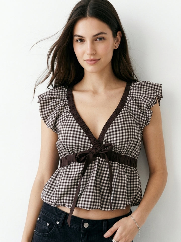 Brown Ruffle Sleeve Front Bow Top