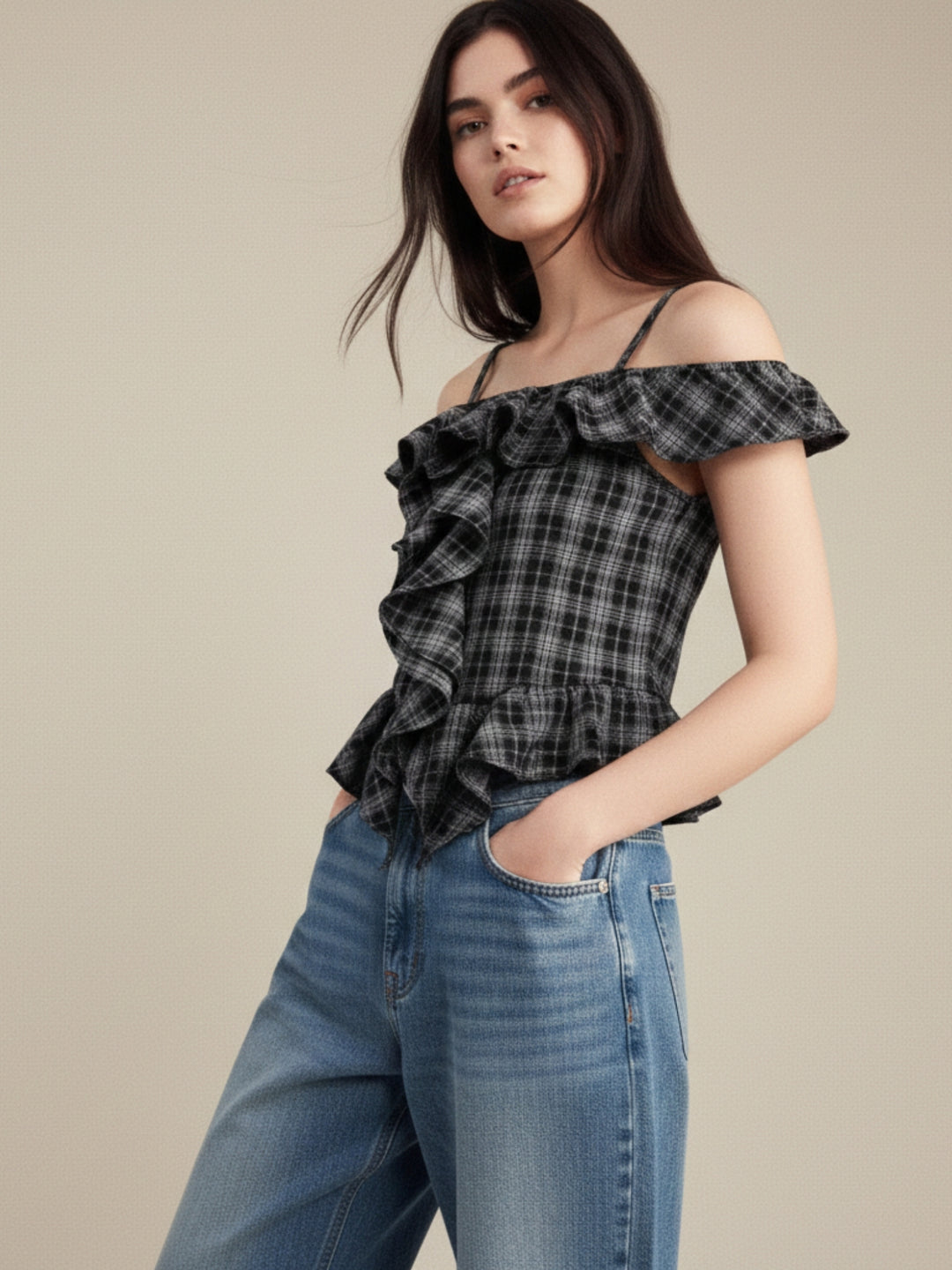 Black Off Shoulder Checkered Ruffle Detail Top