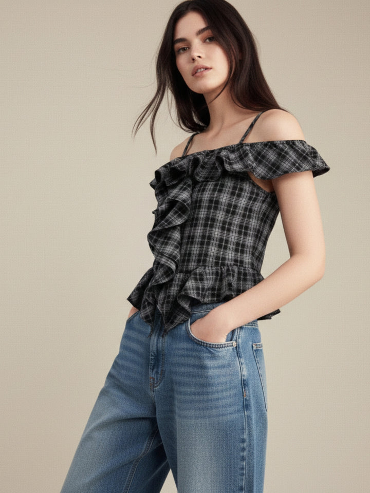 Black Off Shoulder Checkered Ruffle Detail Top