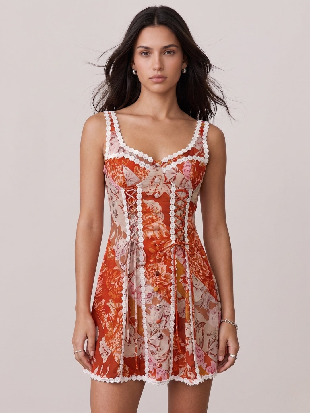 Multi Lace Hem Floral Printed Dress